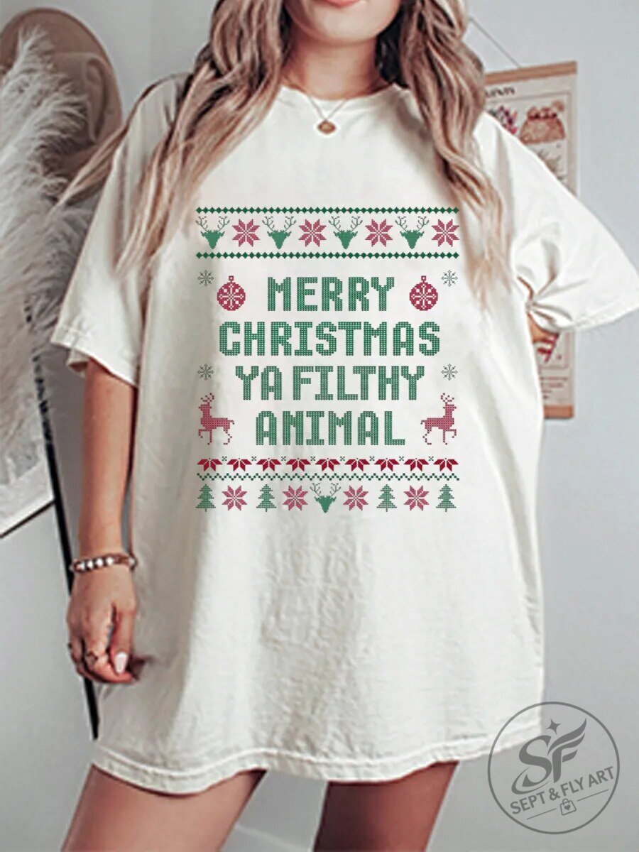 Holiday T-Shirt in Ugly Sweater Style: Merry Christmas Ya Filthy Animal