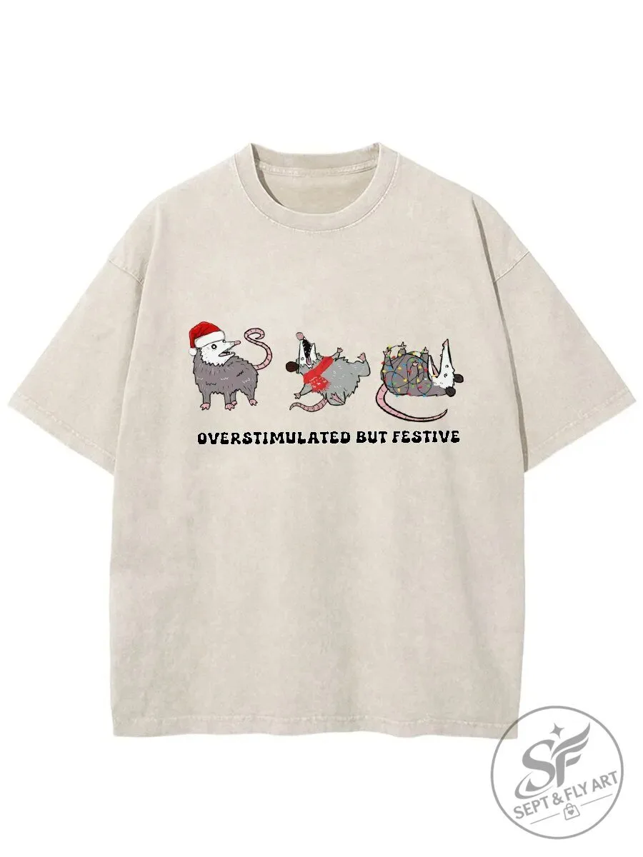 Overstimulated But Festive Christmas Opossum Funny Holiday T-Shirt