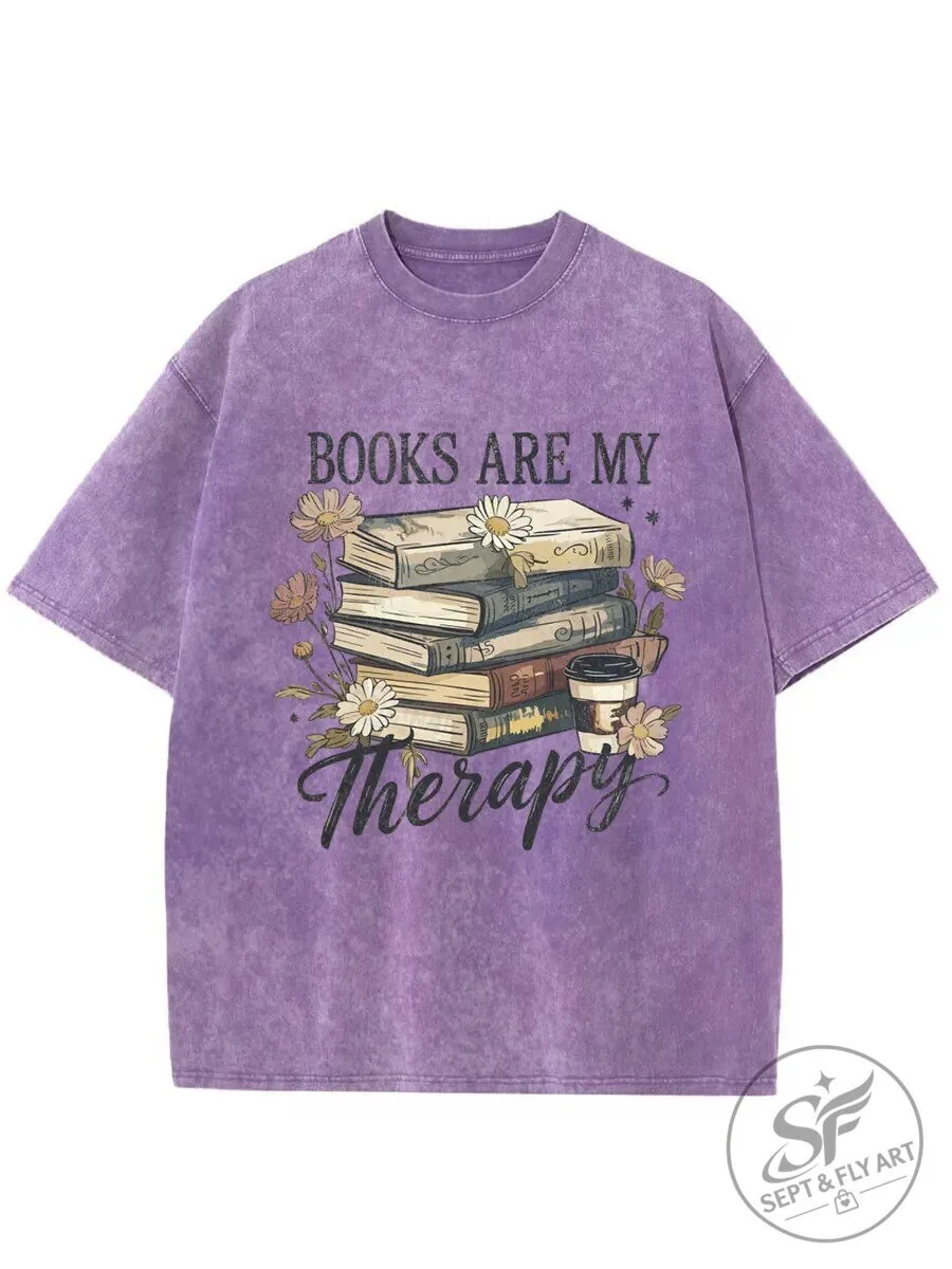 Books Are My Therapy Reading Lover Floral Graphic Vintage Washed T-Shirt