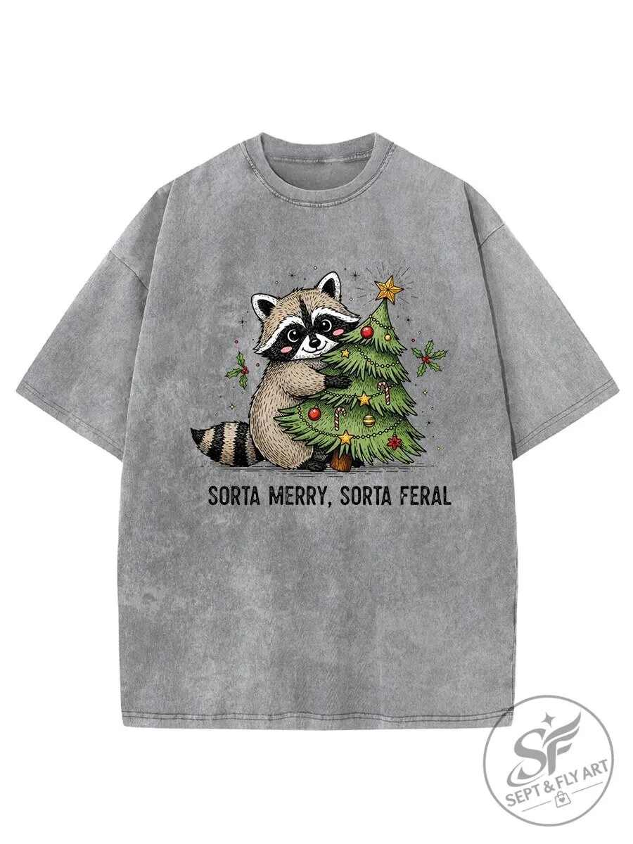 Sorta Merry Sorta Feral Raccoon Christmas Tree Washed T-Shirt