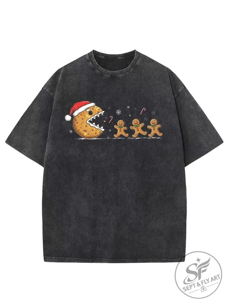 Christmas Cookie Monster Gingerbread Man Funny Holiday Washed T-Shirt