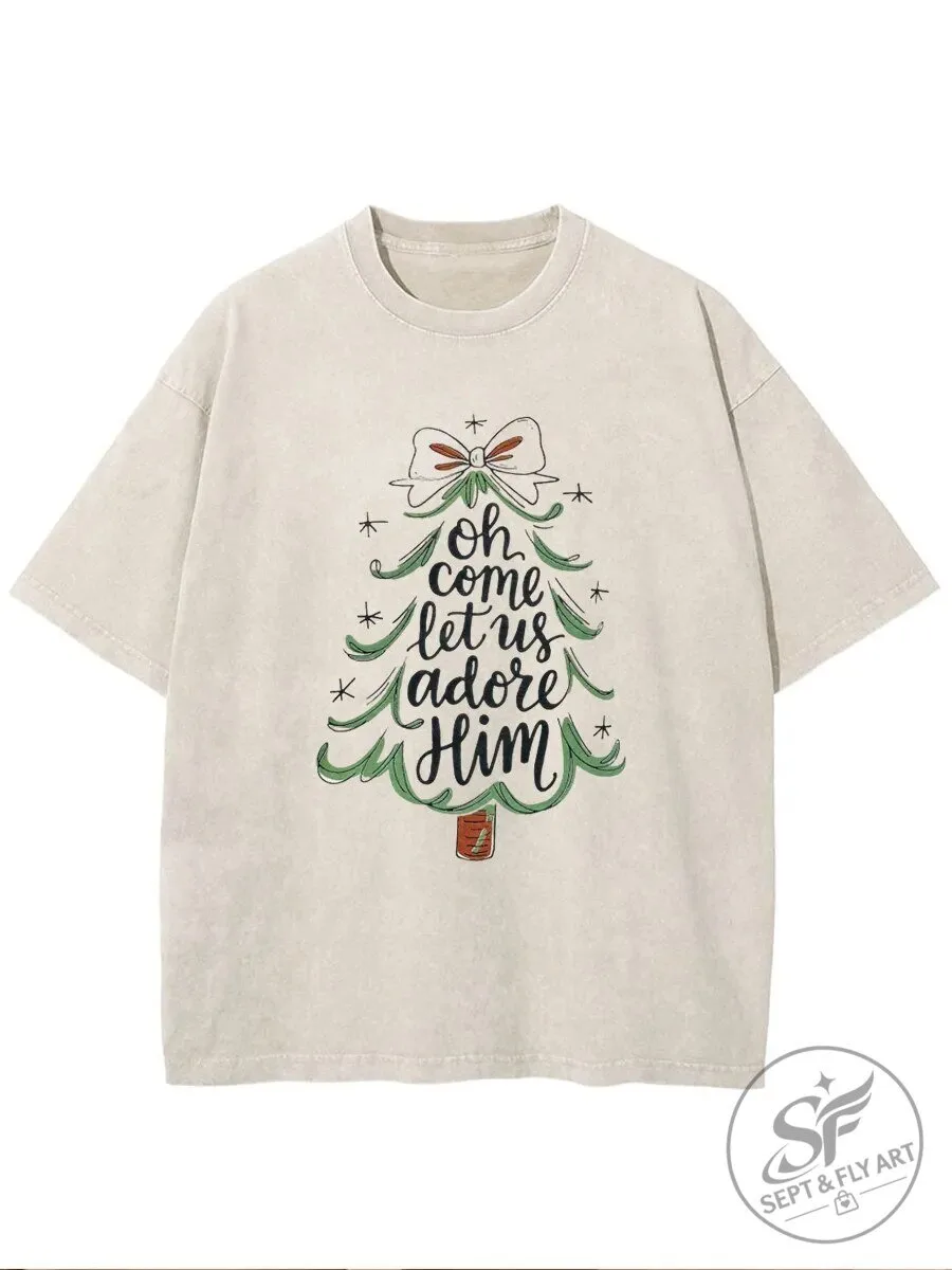 Oh Come Let Us Adore Him Christmas Tree Holiday T-Shirt